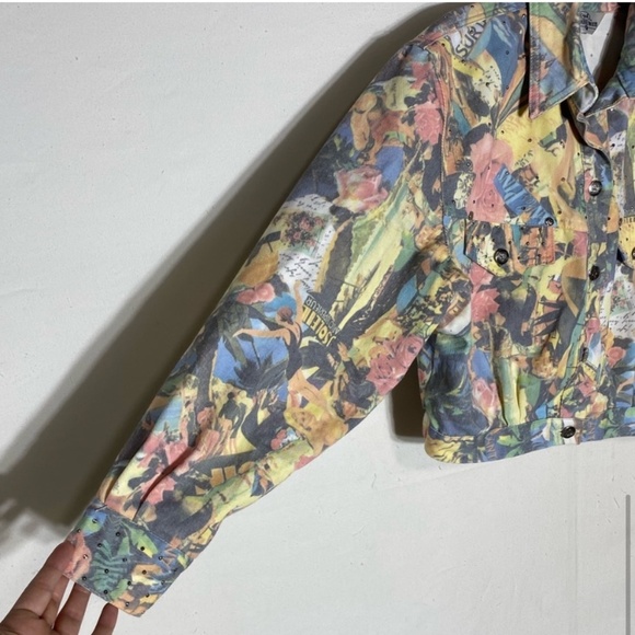 Vintage Opal By Lorraine Wardy Graphic Print Oversized Cropped Denim Jacket M - Picture 7 of 12